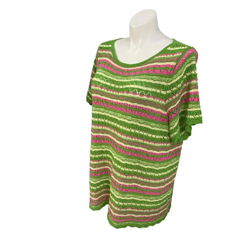 Bell Boho Sweater Womens 2X Green Pink Stripe Open Knit Crochet Short Sleeve